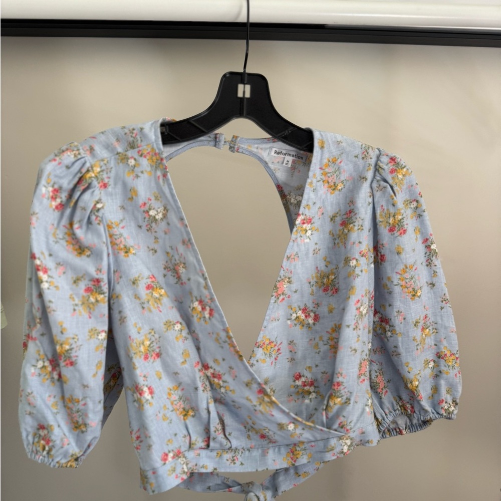 REFORMATION Floral Wrap Top - Blue